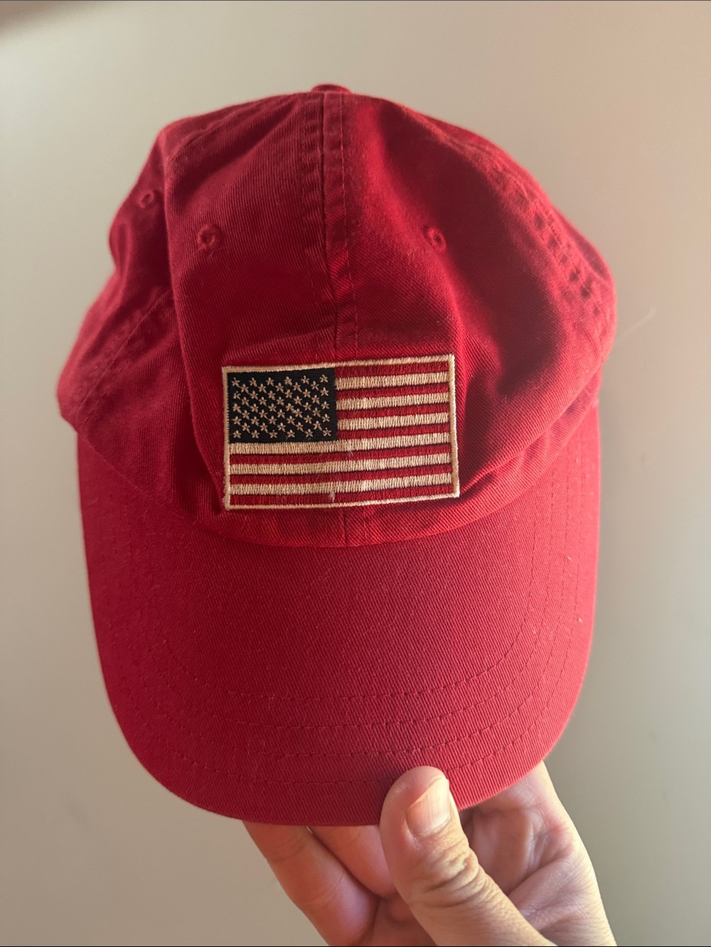 100% cotton Red Baseball Cap with American Flag Patch